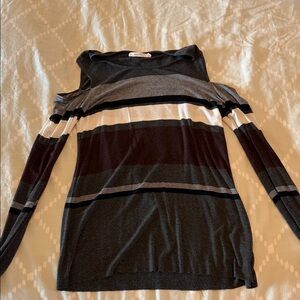 Bailey 44 Black Gray White Striped Cold-Shoulder Top